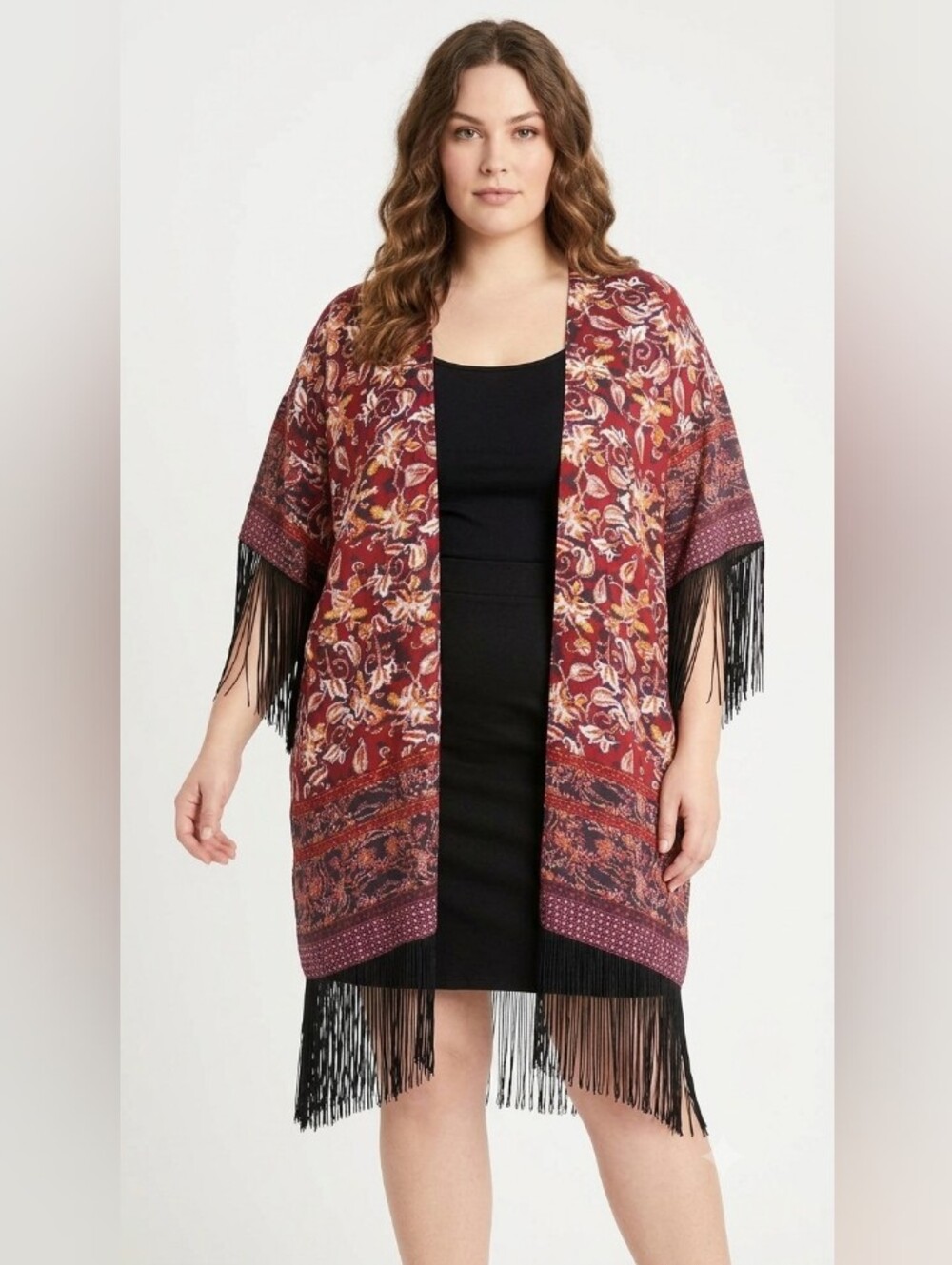 NWOT XL Fringe-Trim Floral Open-Front Kimono Sweater - Burgundy